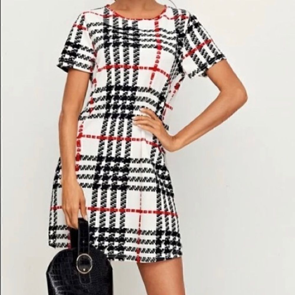 🛍 women plaid  super cute short sleeve Multicolor Dress